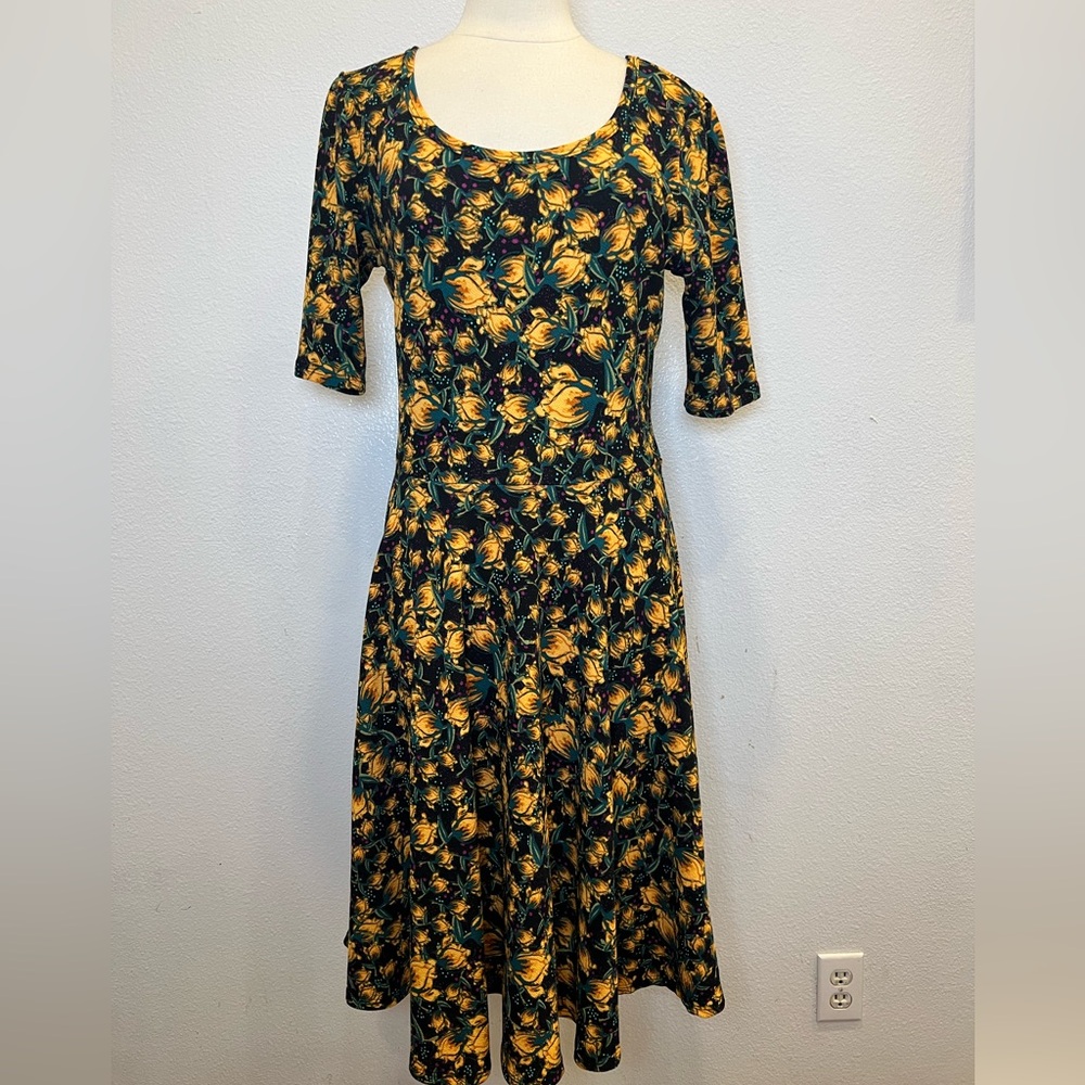 Lularoe Nicole Dress Black Multicolor Floral‎ Print Size XL
